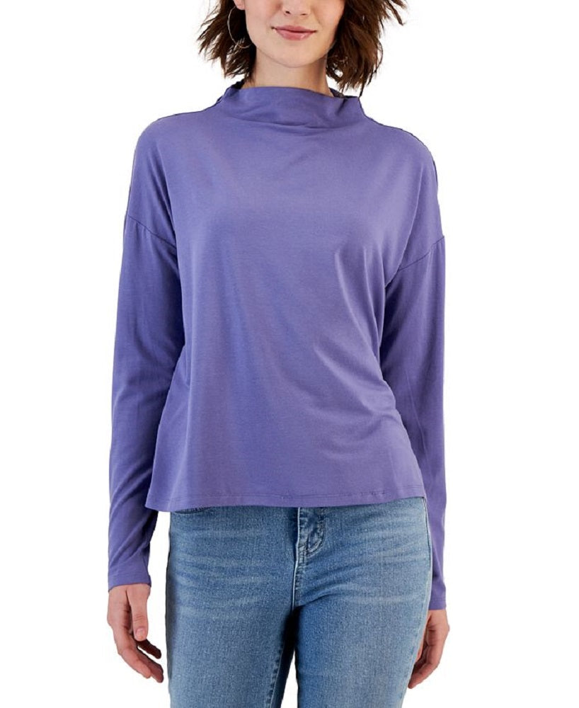 Eileen Fisher Top feminino com decote em V e manga comprida, tamanho grande, roxo
