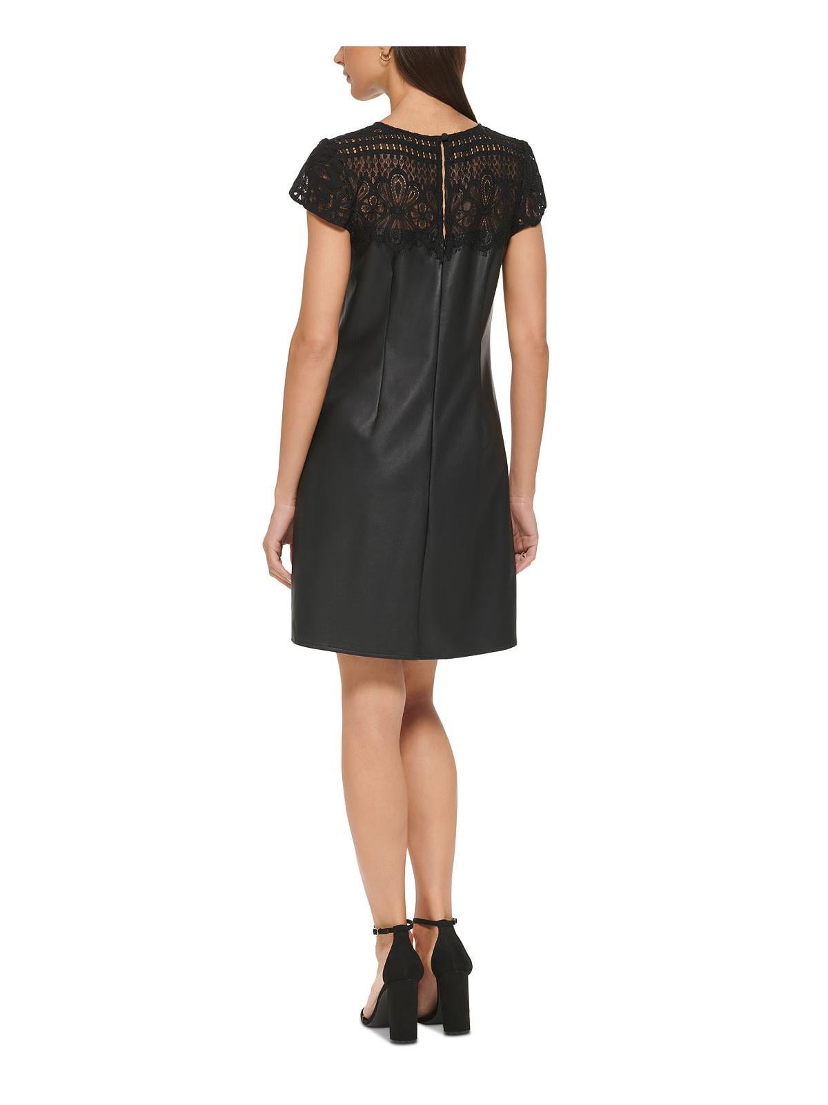 Vestido curto Kensie feminino com acabamento em renda e couro sintético, preto, tamanho 12