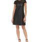 Vestido curto Kensie feminino com acabamento em renda e couro sintético, preto, tamanho 10