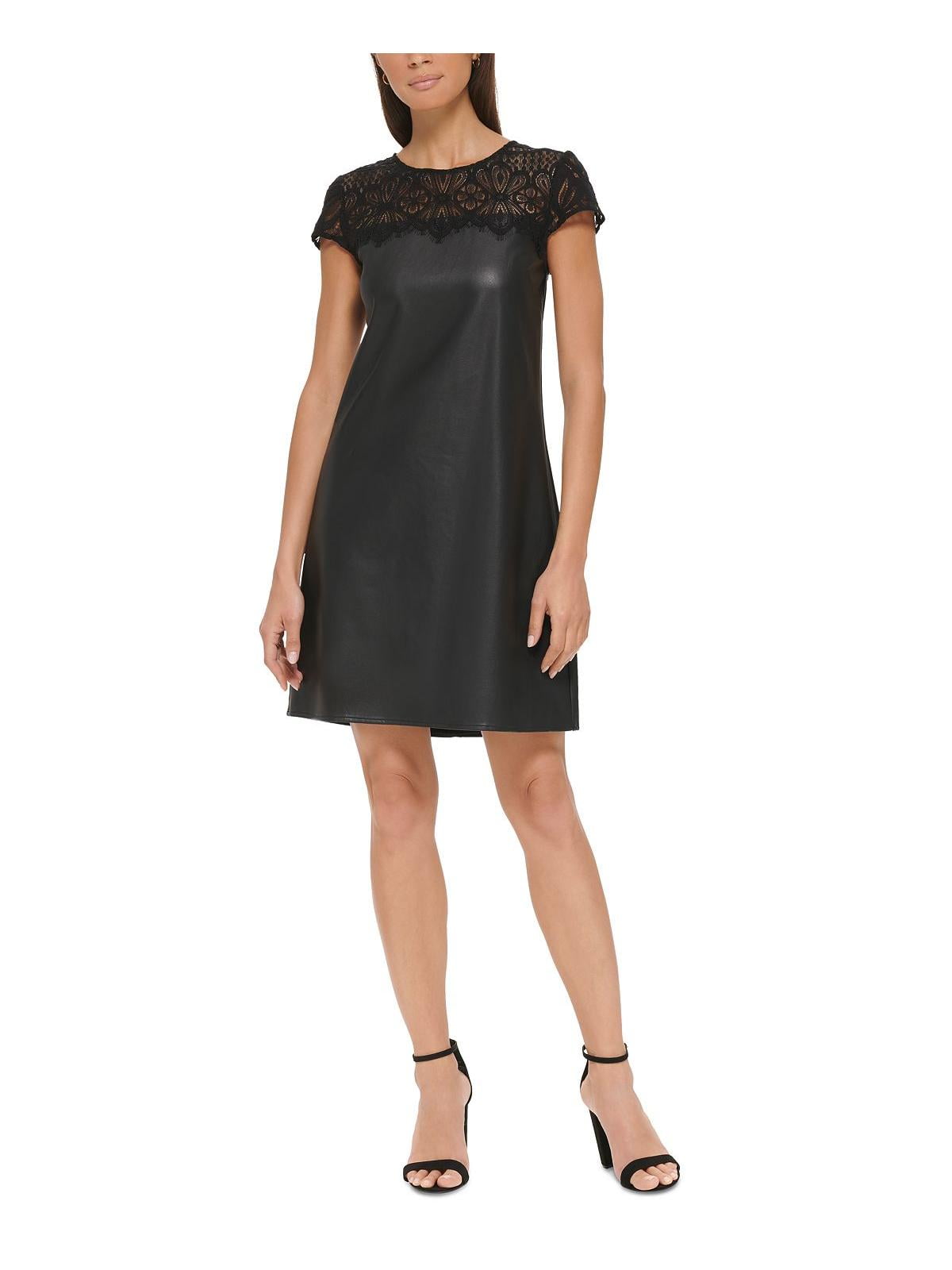 Vestido curto Kensie feminino com acabamento em renda e couro sintético, preto, tamanho 10