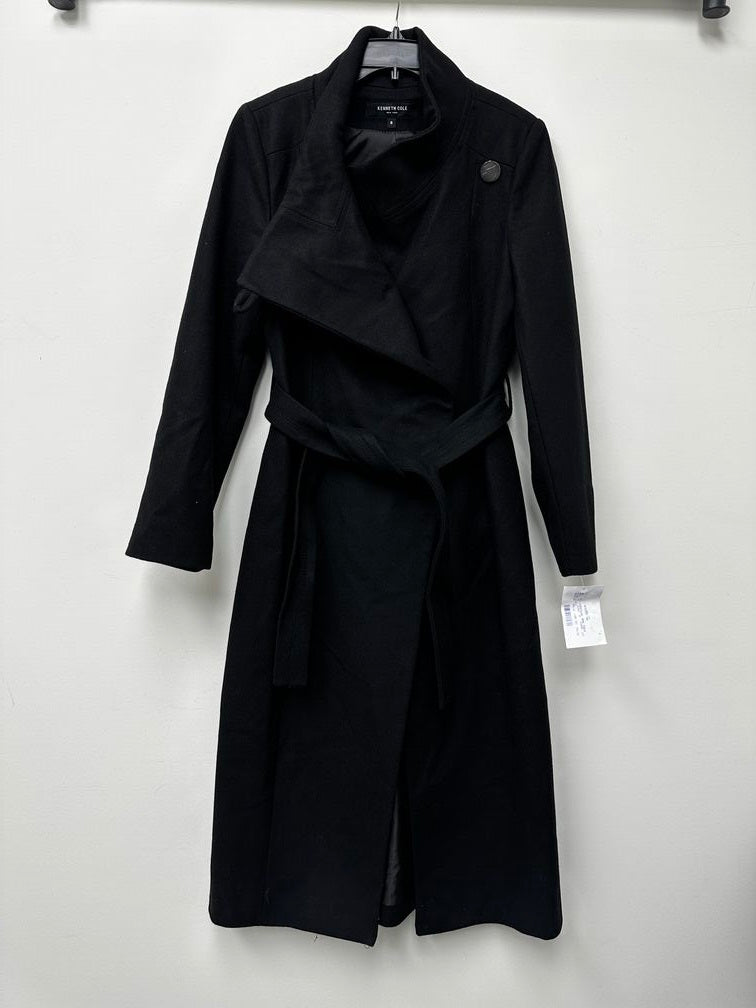 Kenneth Cole Casaco longo assimétrico com cinto feminino, preto, tamanho 8