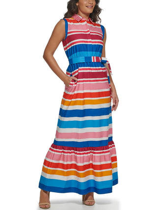 kensie Women's Striped Cotton Sleeveless Maxi Dress Blue Size 16