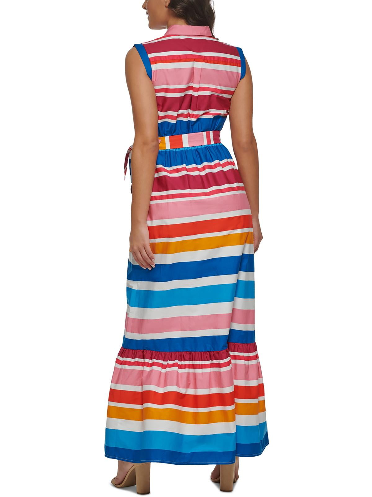 Vestido longo sem mangas listrado de algodão Kensie feminino, azul, tamanho 16