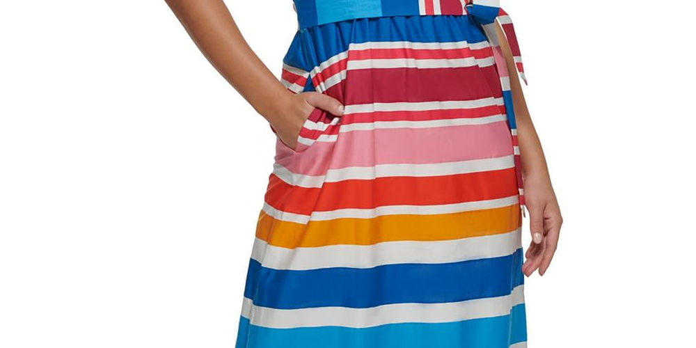 Vestido longo sem mangas listrado de algodão Kensie feminino, azul, tamanho 16