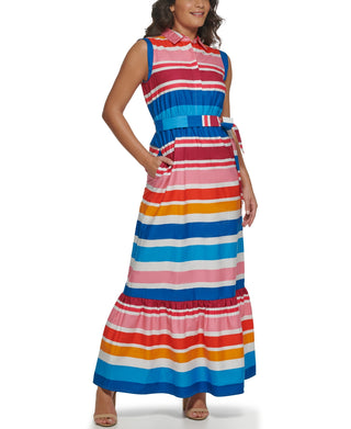 Kensie Women's Striped Cotton Sleeveless Maxi Dress Pink Size 4