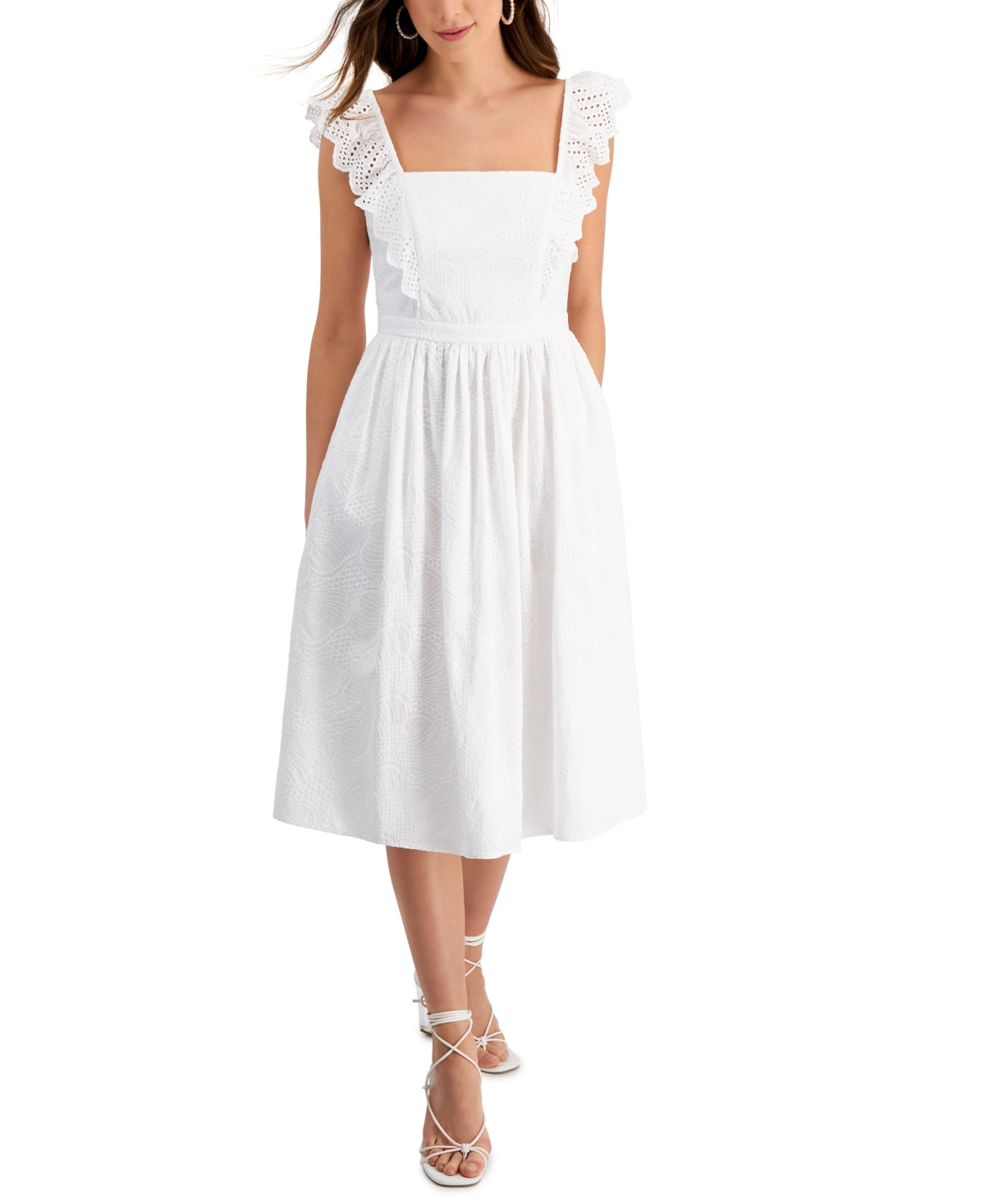 Vestido midi feminino Kensie com mangas curtas bordadas, tamanho 2, branco