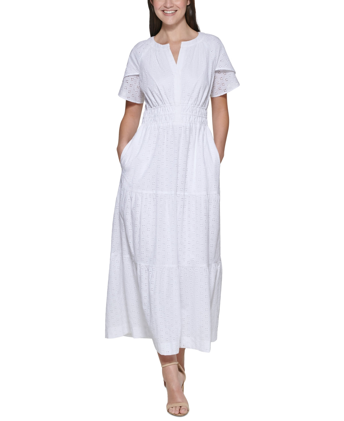 Vestido feminino Kensie com ilhós bordados e camadas, branco, tamanho 4