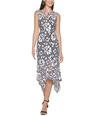 kensie Women's Illusion Floral Print Handkerchief Hem Midi Dress Black Size 10
