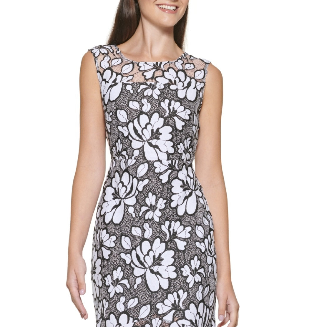 Vestido midi Kensie Feminino Illusion Floral Estampado Bainha Lenço Preto Tamanho 8