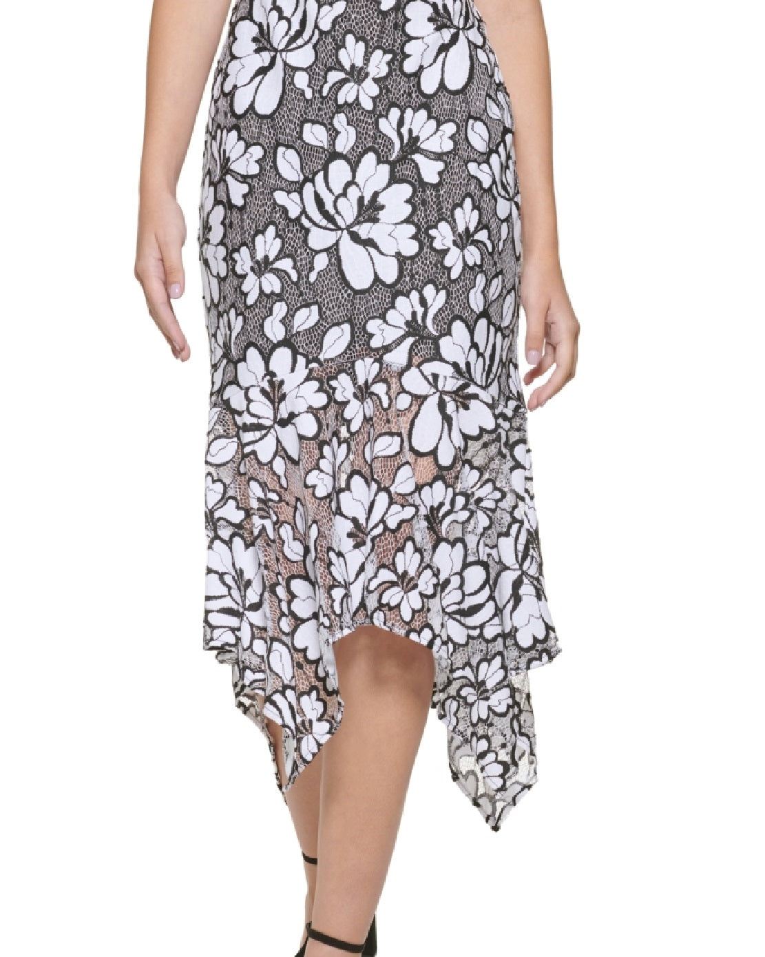 Vestido midi Kensie Feminino Illusion Floral Estampado Bainha Lenço Preto Tamanho 8