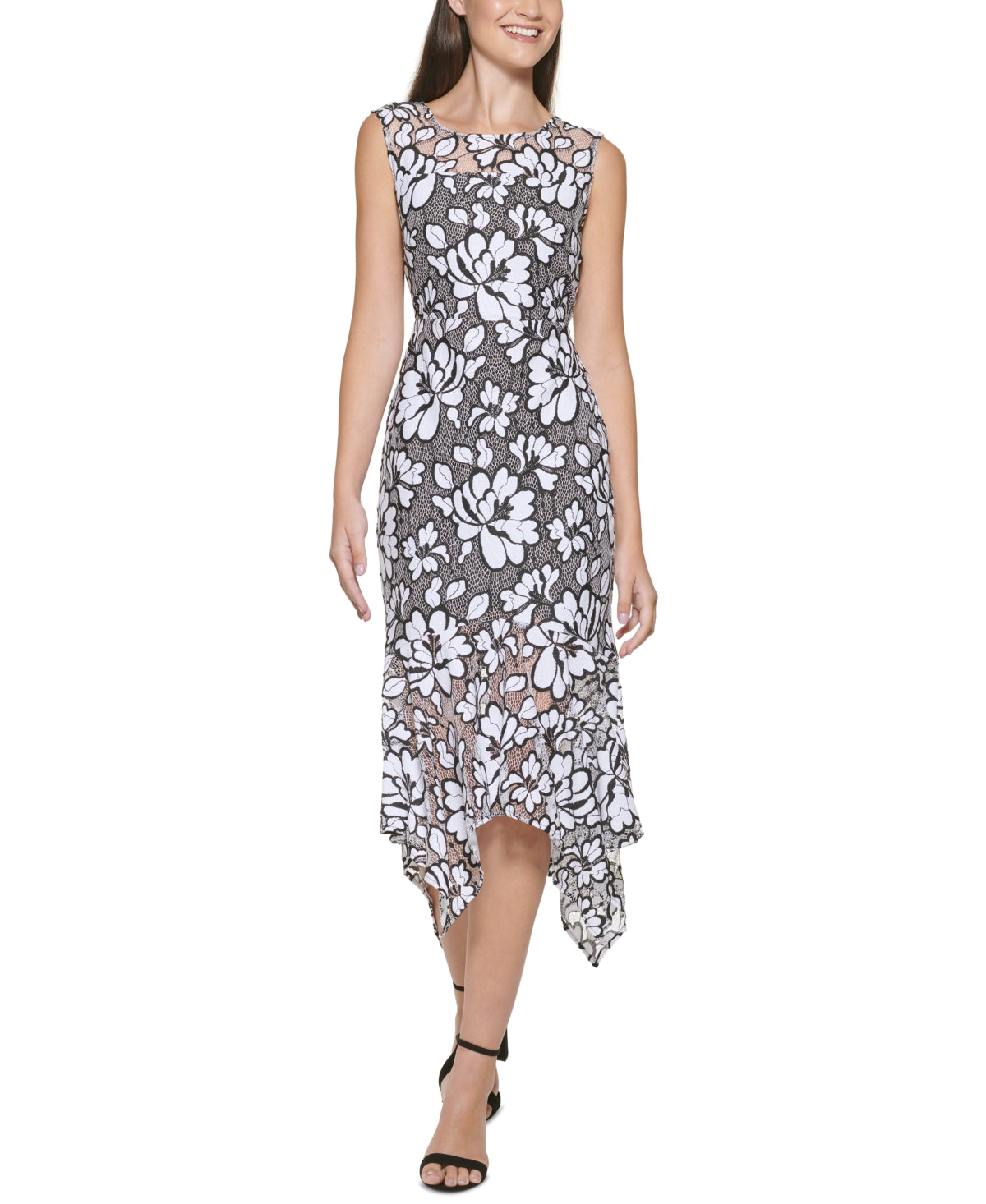 Vestido midi Kensie Feminino Illusion Floral Estampado Bainha Lenço Preto Tamanho 8