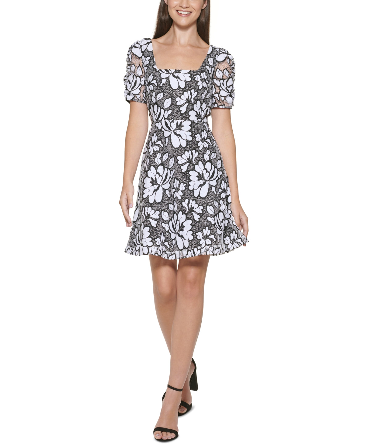 Vestido evasê floral de renda Kensie feminino, preto, tamanho 8