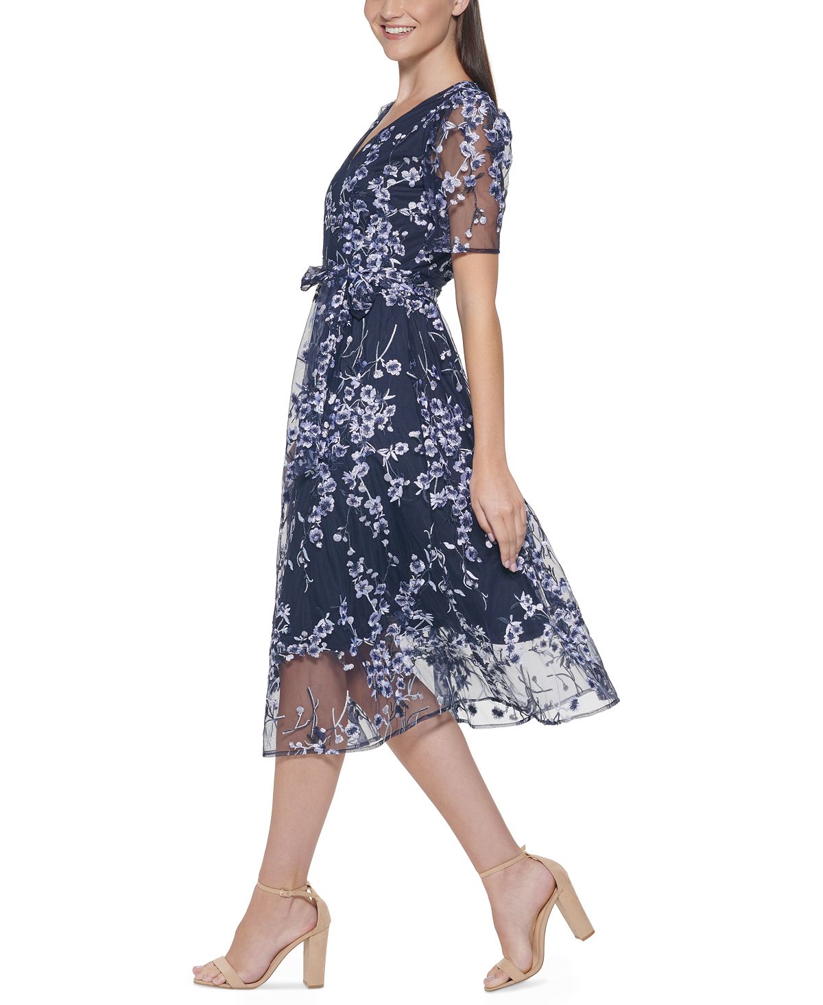 Vestido midi Kensie feminino com bordado falso, azul, tamanho 6