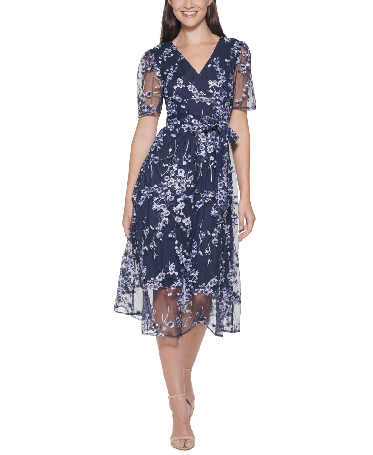 Vestido midi Kensie feminino com bordado falso, azul, tamanho 6