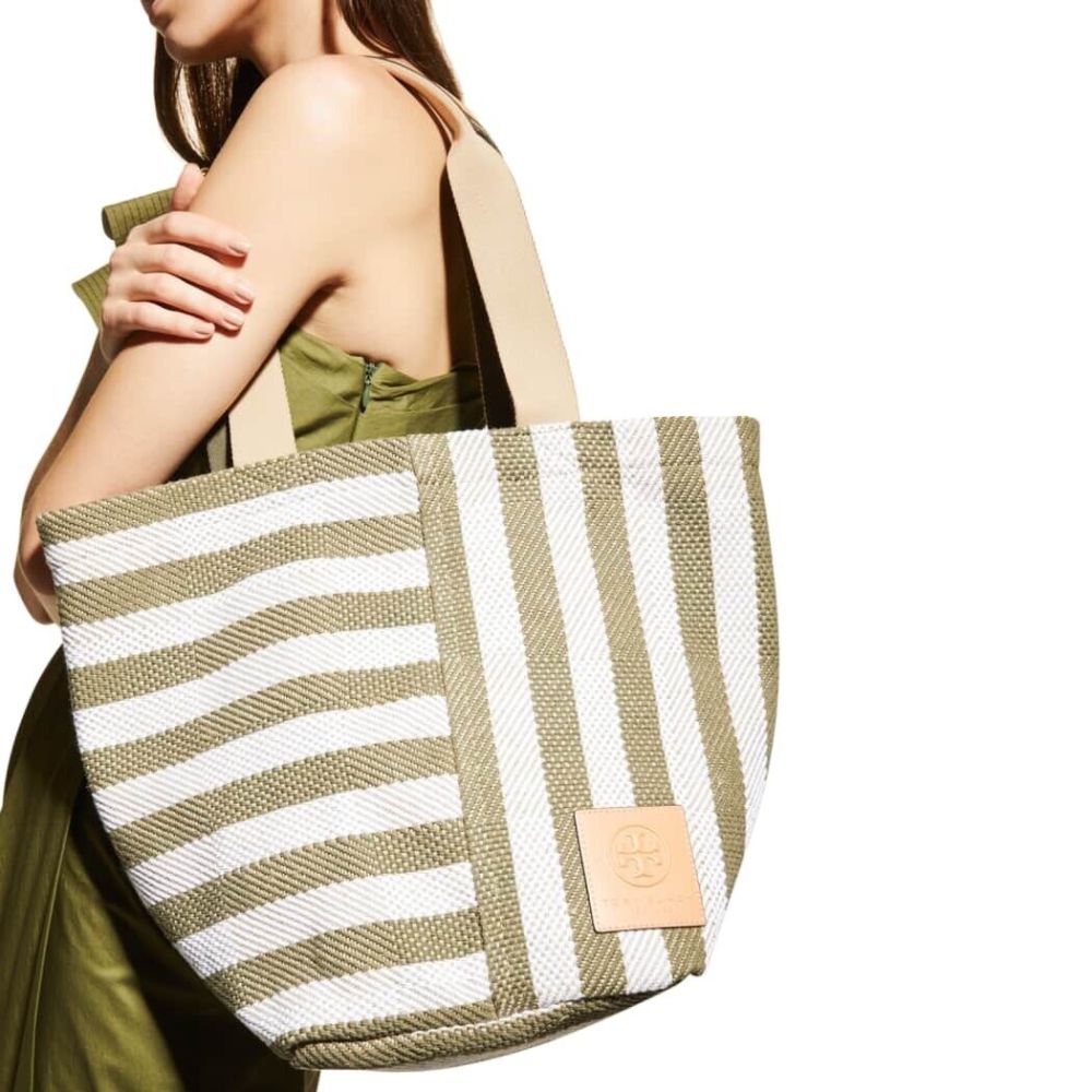 Tory Burch Gracie Listrada Canvas Tote Feminina Verde Tamanho Regular