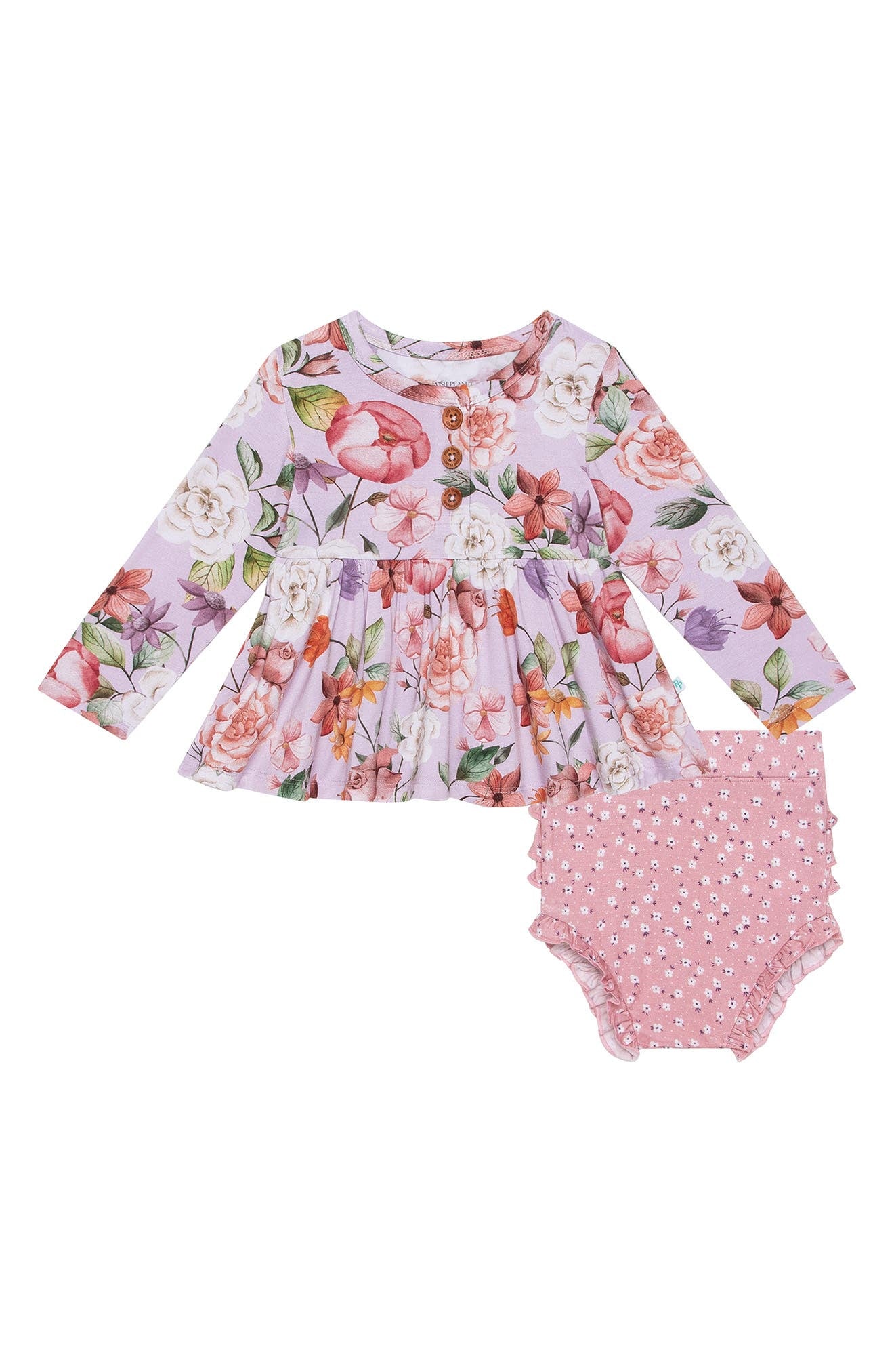 Blusa floral de manga comprida com babados e pantalonas com babados Posh Peanut Pari em roxo claro/pastel, tamanho 18-24M