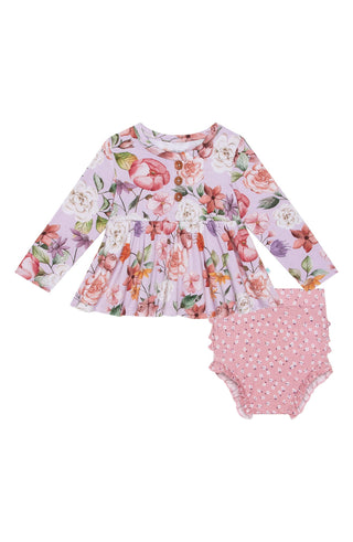 Blusa floral de manga comprida com babados e pantalonas com babados Posh Peanut Pari em roxo claro/pastel, tamanho 18-24M