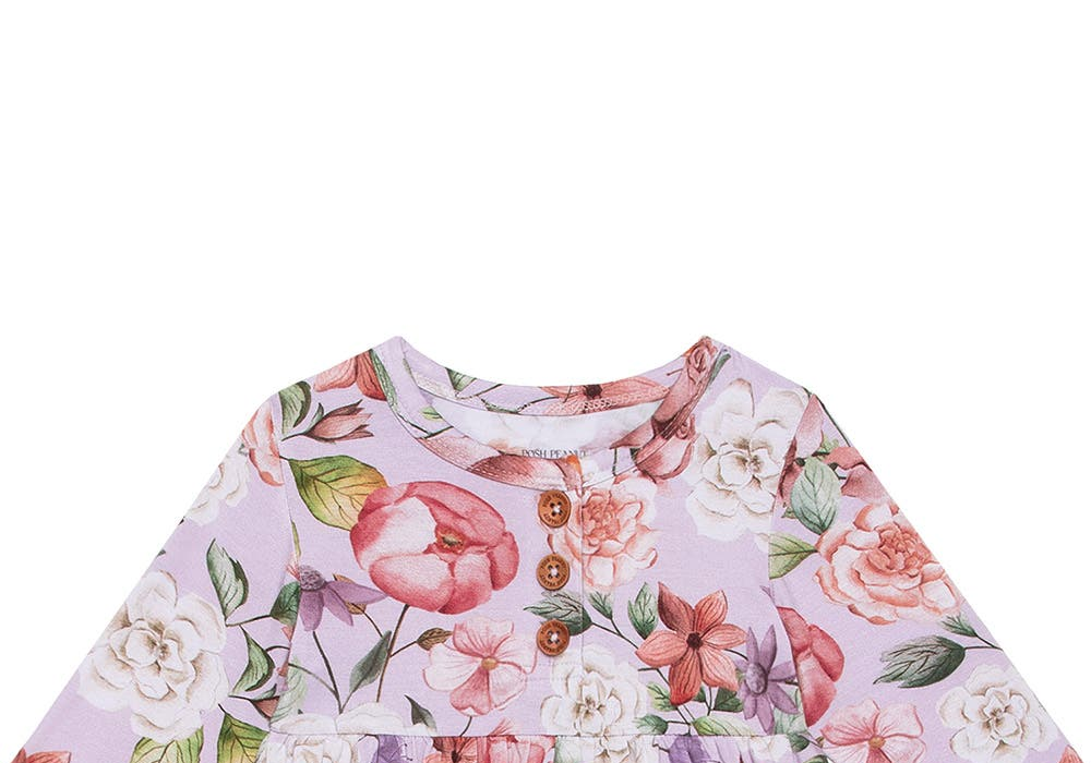 Blusa floral de manga comprida com babados e pantalonas com babados Posh Peanut Pari em roxo claro/pastel, tamanho 18-24M