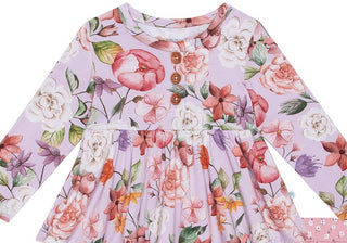Blusa floral de manga comprida com babados e pantalonas com babados Posh Peanut Pari em roxo claro/pastel, tamanho 18-24M