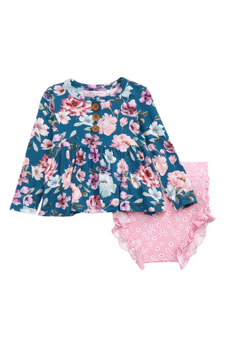 Blusa peplum floral Posh Peanut Keisha e bloomers com babados em azul aberto, tamanho 18-24M