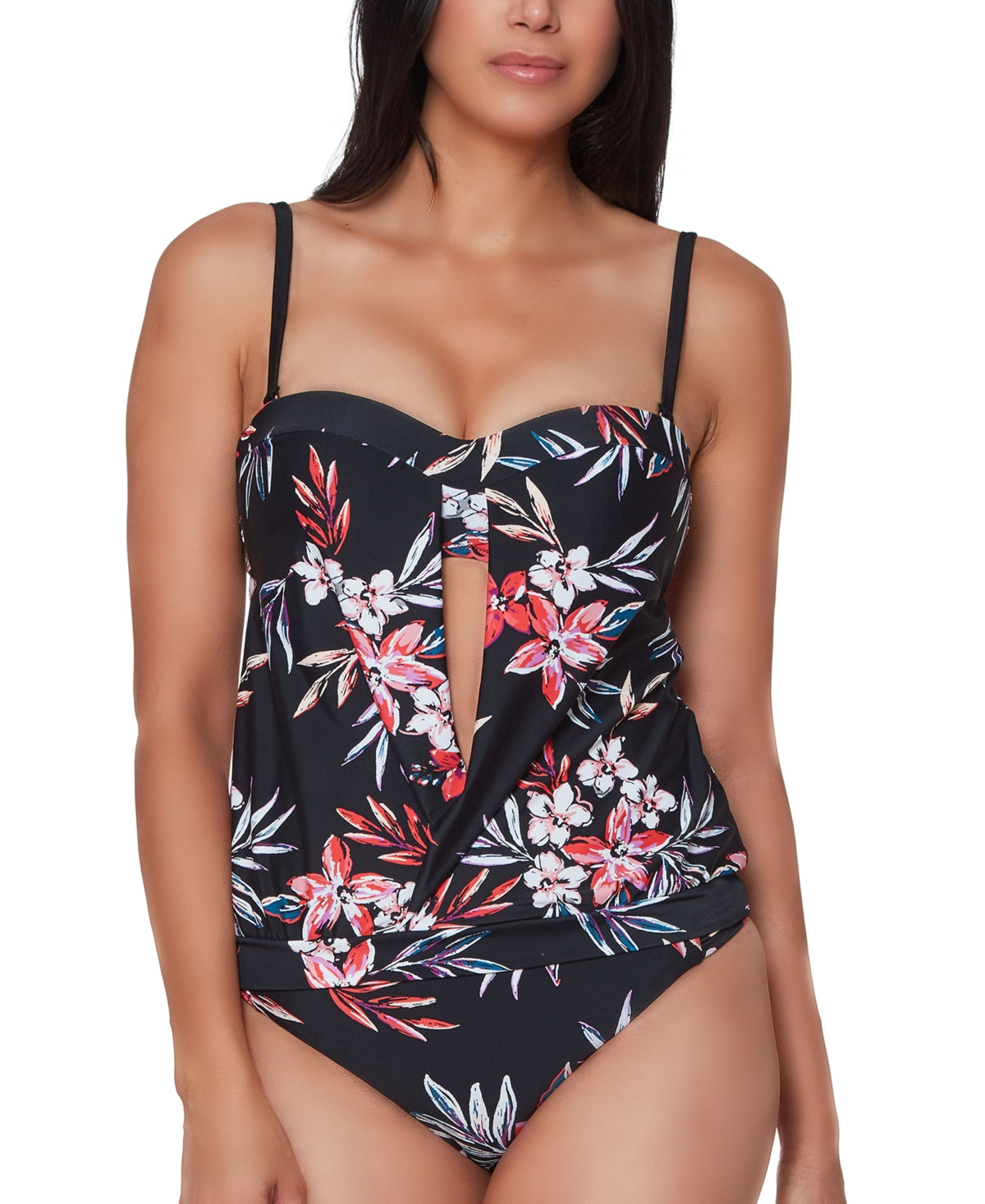 Bar III Tankini com estampa floral feminino, maiô preto