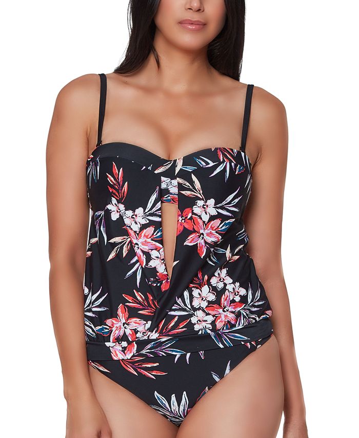 Bar III Tankini com estampa floral feminino, preto, tamanho grande