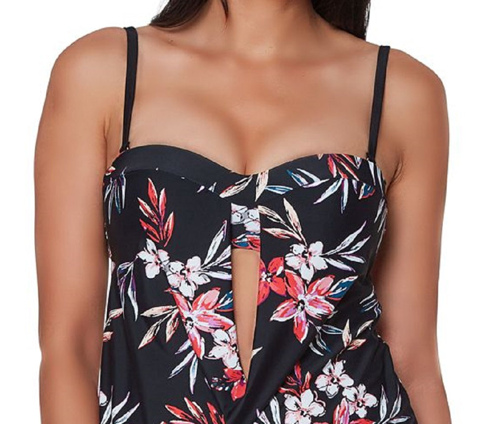 Bar III Tankini com estampa floral feminino, preto, tamanho grande