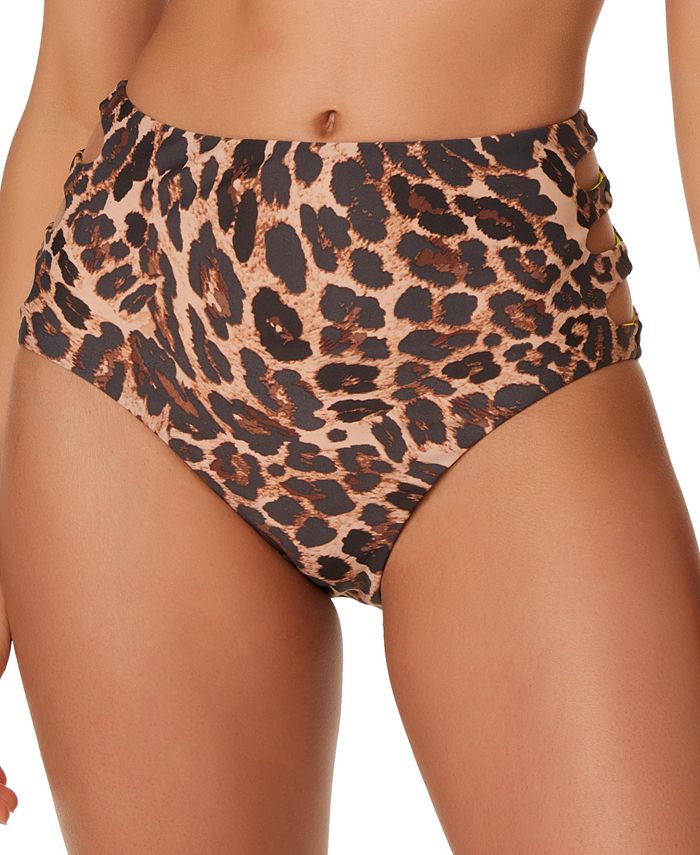 Calcinha de biquíni feminina Bar III com estampa de chita e cintura alta, maiô marrom