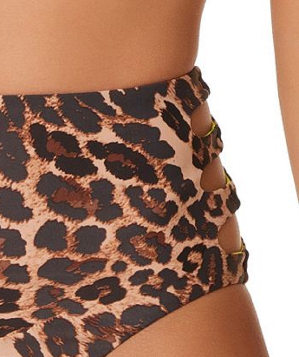 Calcinha de biquíni feminina Bar III com estampa de chita e cintura alta, maiô marrom