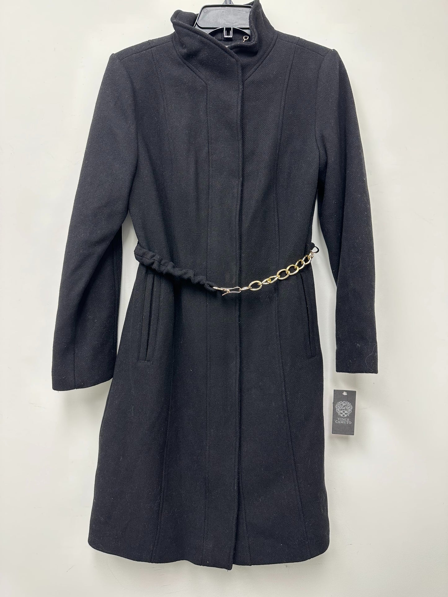 Casaco longo feminino Vince Camuto Petite com cinto e corrente, preto, tamanho pequeno XS