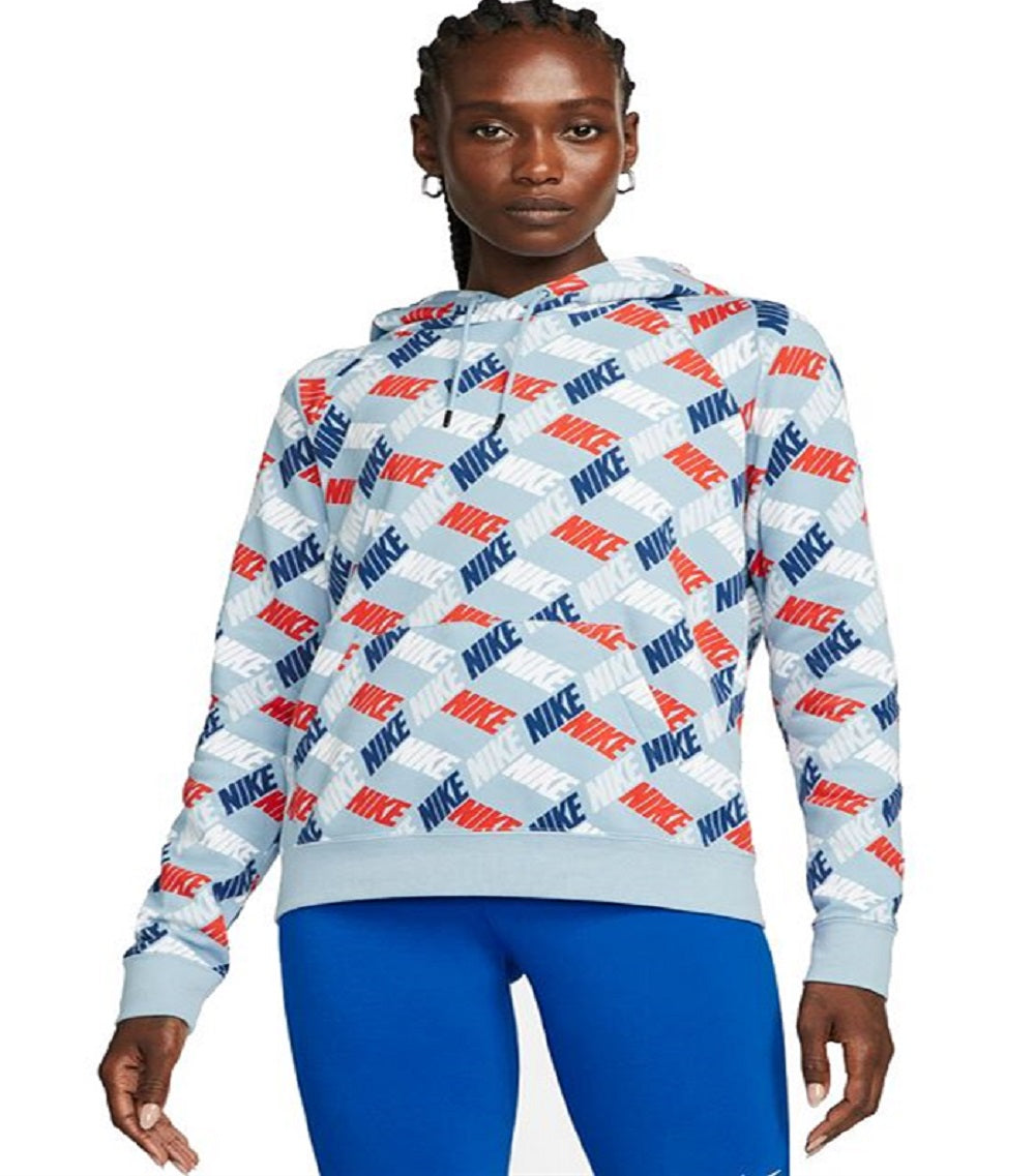 Moletom com capuz Nike Sportswear Essentials feminino estampado, azul, tamanho grande
