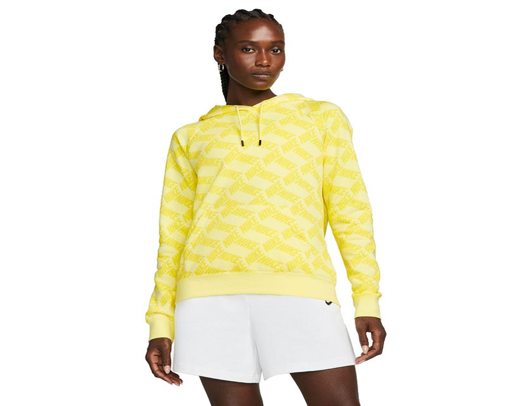 Moletom com capuz Nike Sportswear Essentials feminino estampado, amarelo, tamanho pequeno