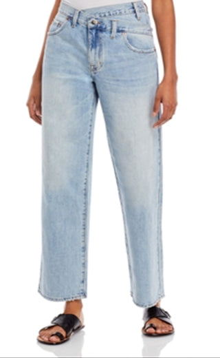 Calça Jeans Pistola Feminina Cintura Alta Assimétrica Reta Azul Tamanho 28