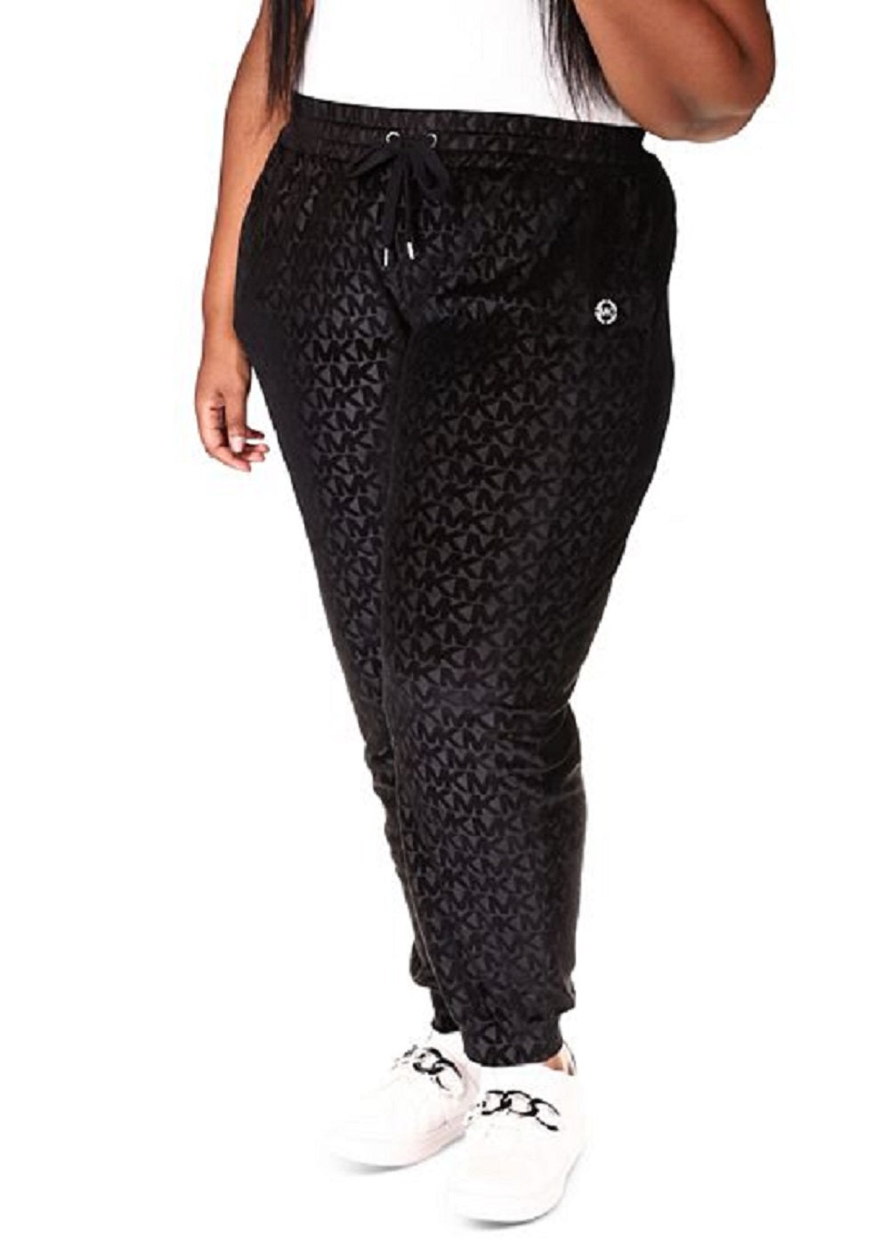 Calça jogger feminina Michael Kors em veludo com relevo, preta, tamanho 4X