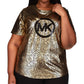Camiseta feminina Michael Kors com estampa de logotipo metálico, cinza, tamanho 0X
