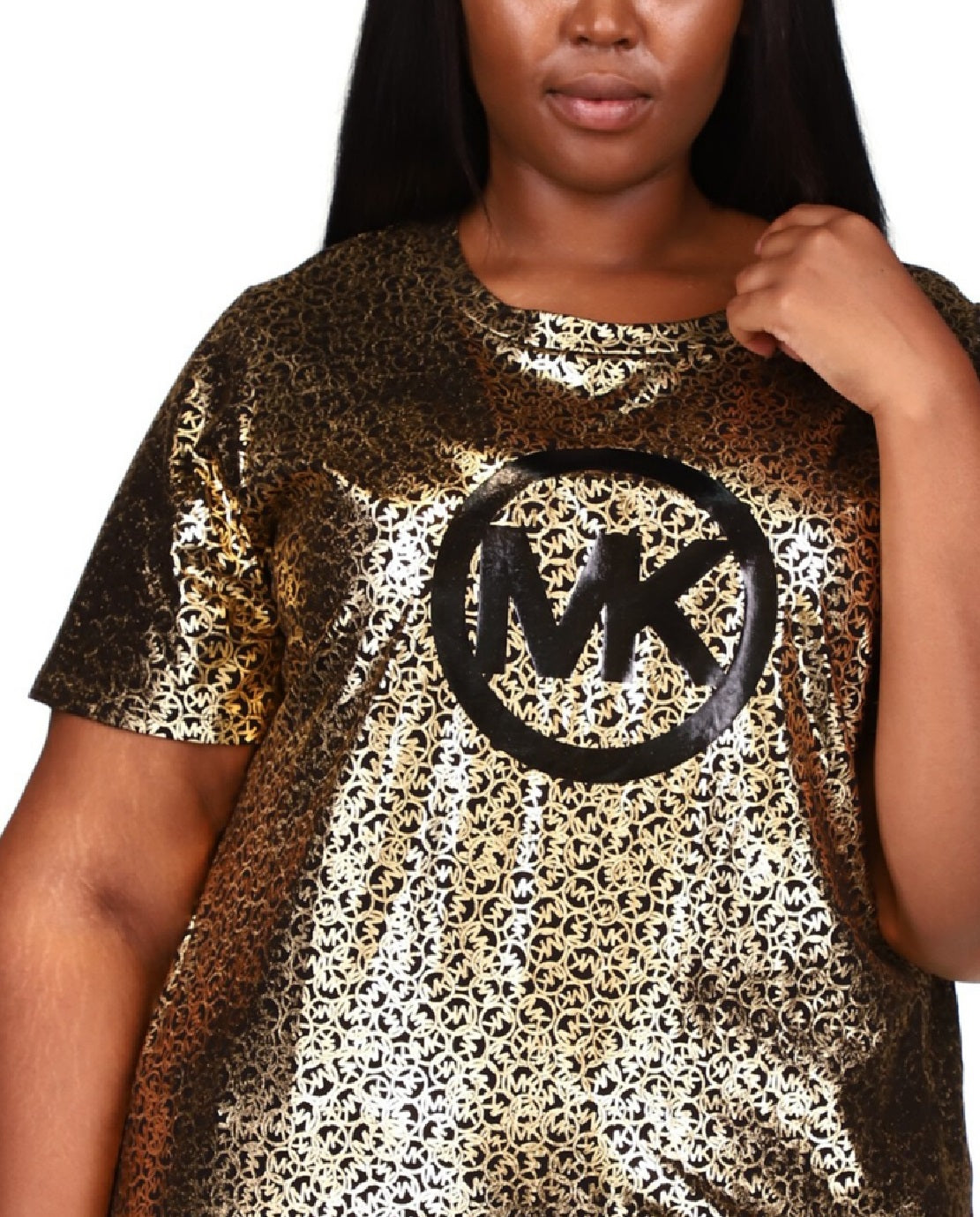 Camiseta feminina Michael Kors com estampa de logotipo metálico, cinza, tamanho 0X