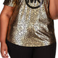 Camiseta feminina Michael Kors com estampa de logotipo metálico, preta, tamanho 2X