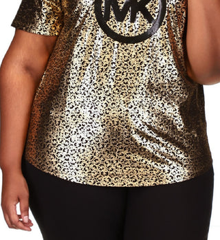 Camiseta feminina Michael Kors com estampa de logotipo metálico, preta, tamanho 2X