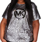 Camiseta feminina Michael Kors com estampa de logotipo metálico, cinza, tamanho 2X
