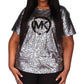 Camiseta feminina Michael Kors com estampa de logotipo metálico, cinza, tamanho 2X
