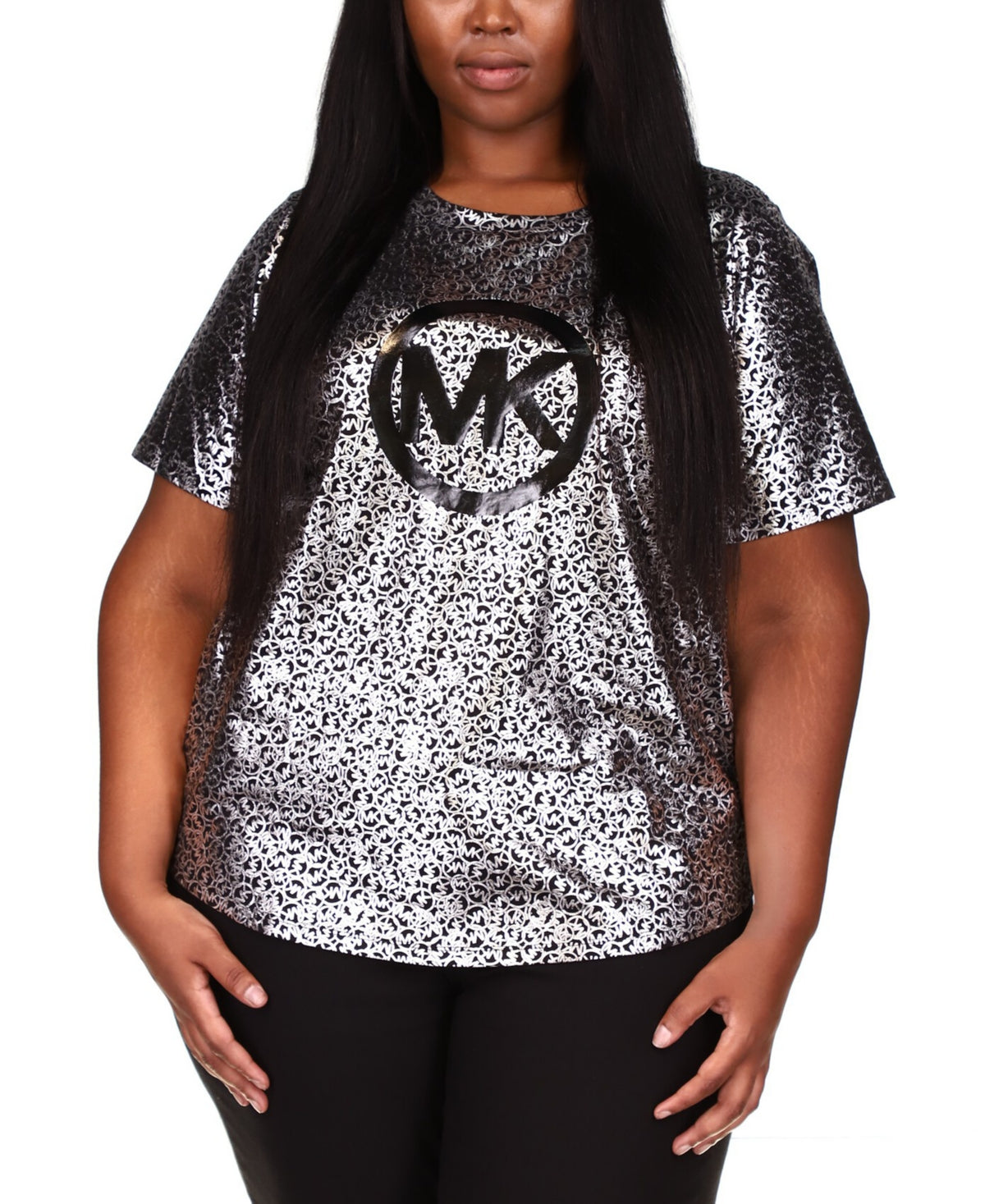 Camiseta feminina Michael Kors com estampa de logotipo metálico, cinza, tamanho 3X