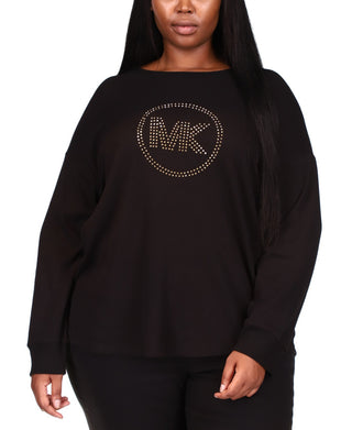 Camiseta feminina Michael Kors com logo de strass e malha waffle, preta