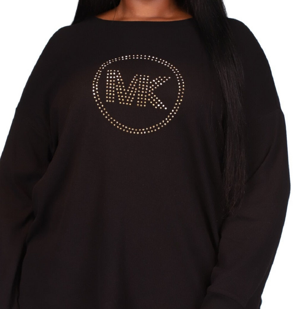 Camiseta feminina Michael Kors com logo de strass e malha waffle, preta