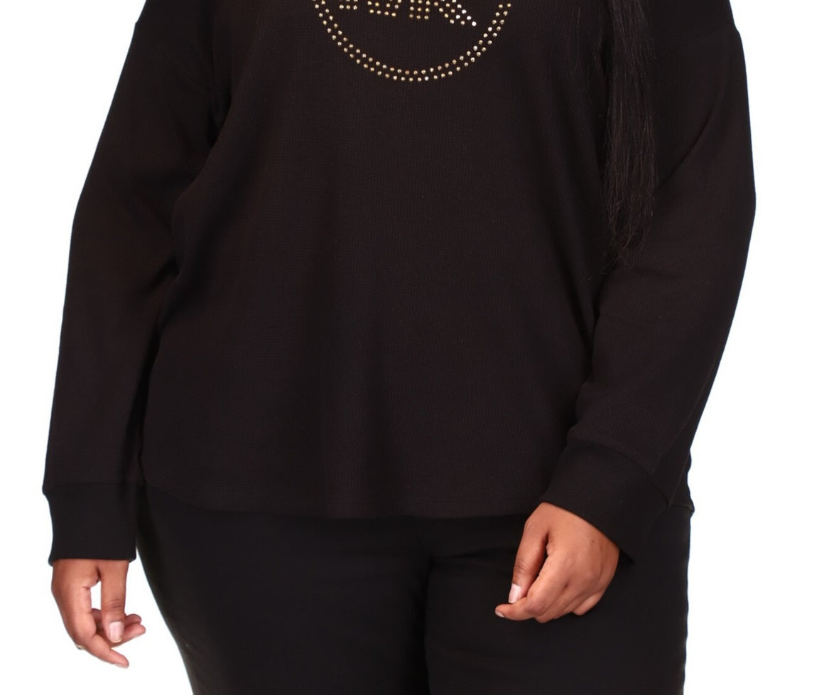 Camiseta feminina Michael Kors com logo de strass e malha waffle, preta