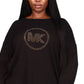 Camiseta feminina Michael Kors com logo de strass e malha waffle, preta, tamanho 2X