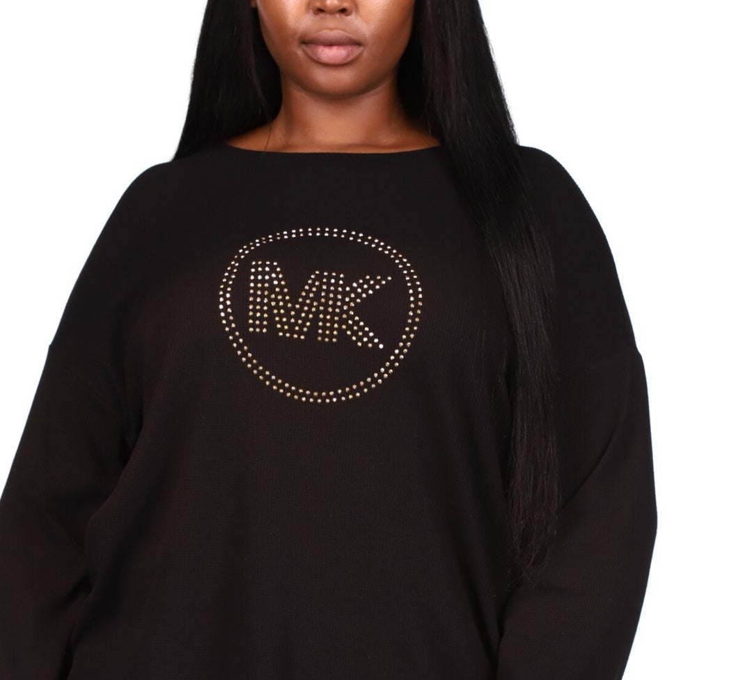 Camiseta feminina Michael Kors com logo de strass e malha waffle, preta, tamanho 2X