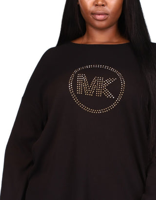 Camiseta feminina Michael Kors com logo de strass e malha waffle, preta