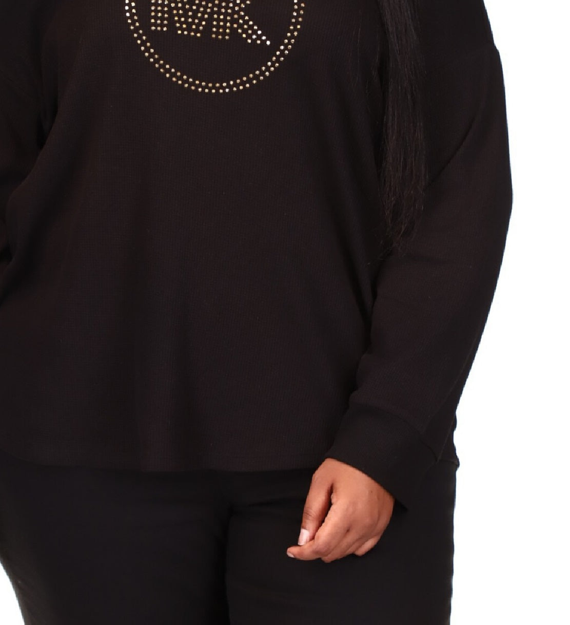 Camiseta feminina Michael Kors com logo de strass e malha waffle, preta