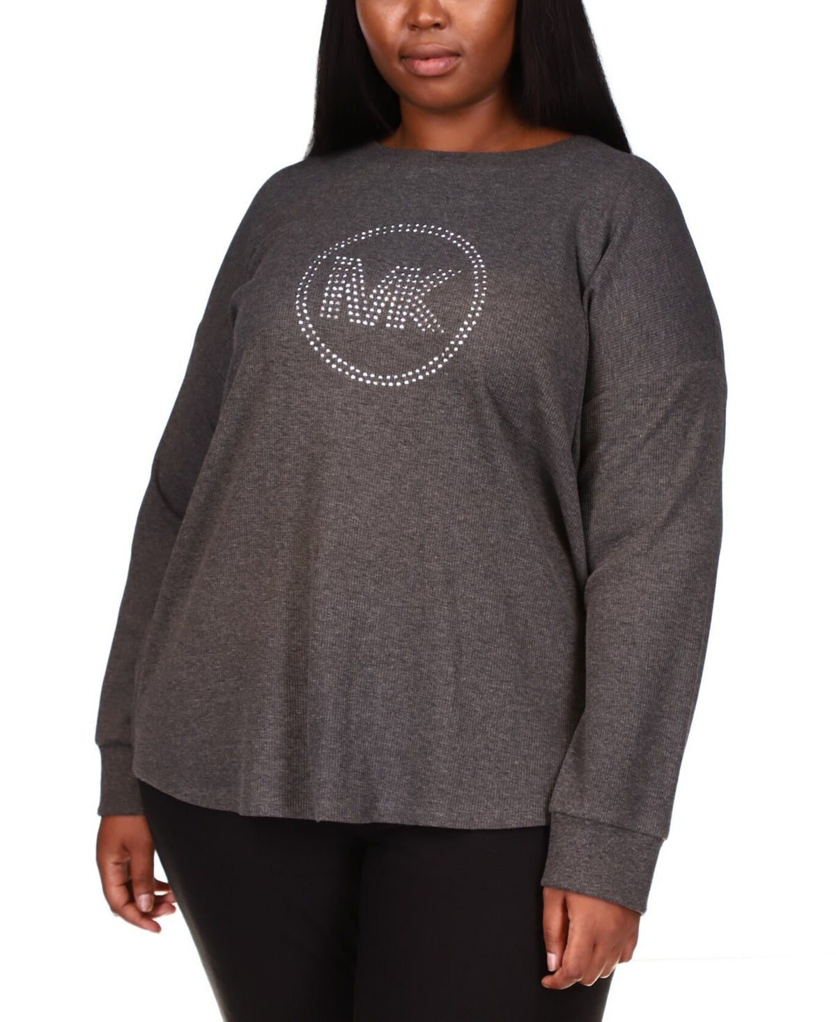 Camiseta feminina Michael Kors com logo de strass e malha waffle, cinza, tamanho 3X