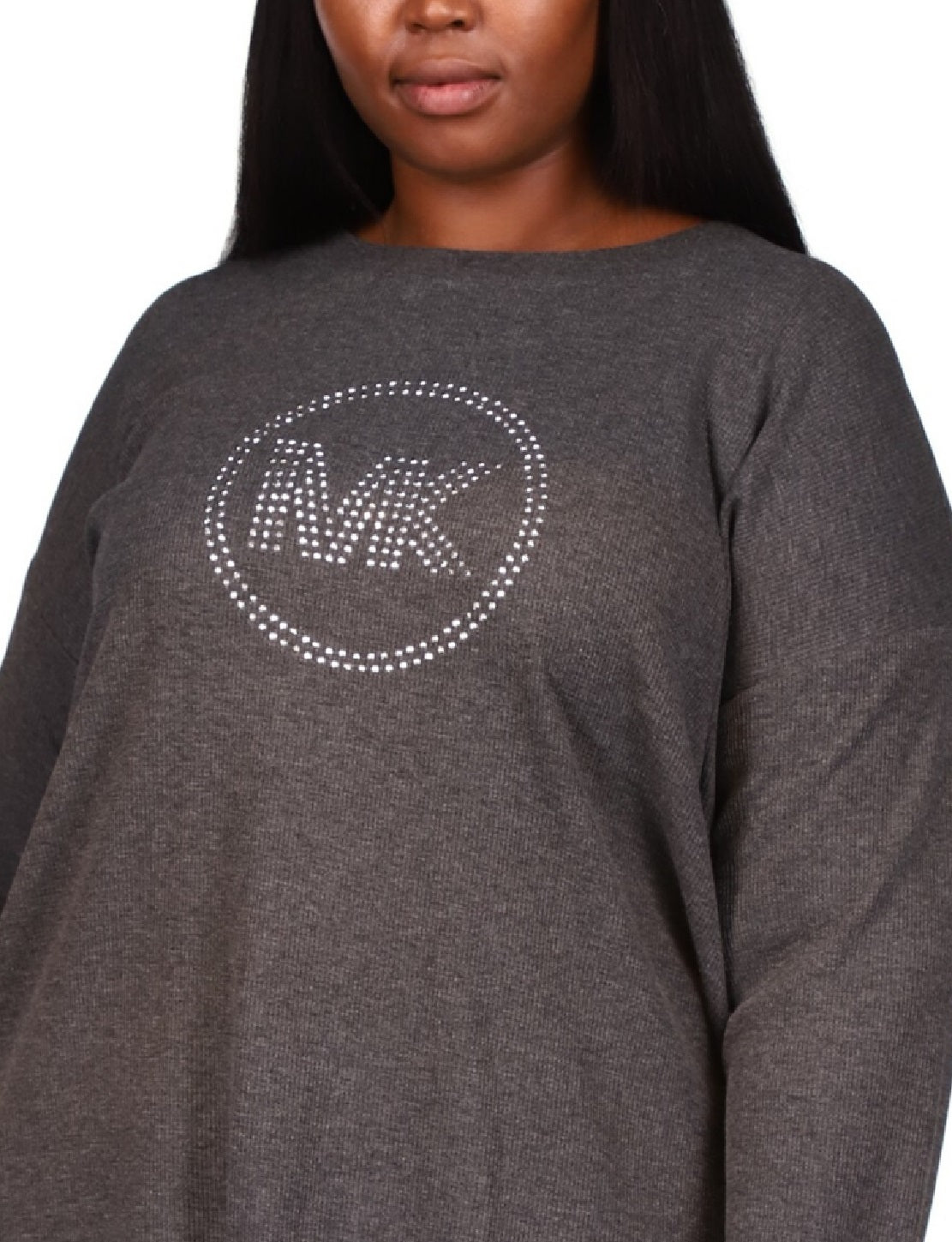 Camiseta feminina Michael Kors com logo de strass e malha waffle, cinza, tamanho 3X